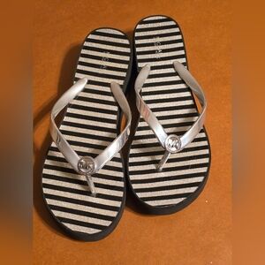 Michael Kors Silver Logo Flip Flops with Black & Silver Stripes